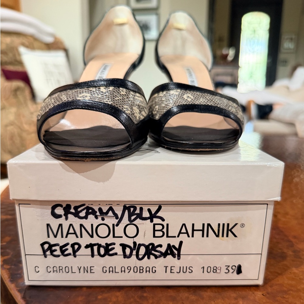 Manolo Blahnik Black and Beige Snake-Print Open-Toe Heels - Picture 2 of 6